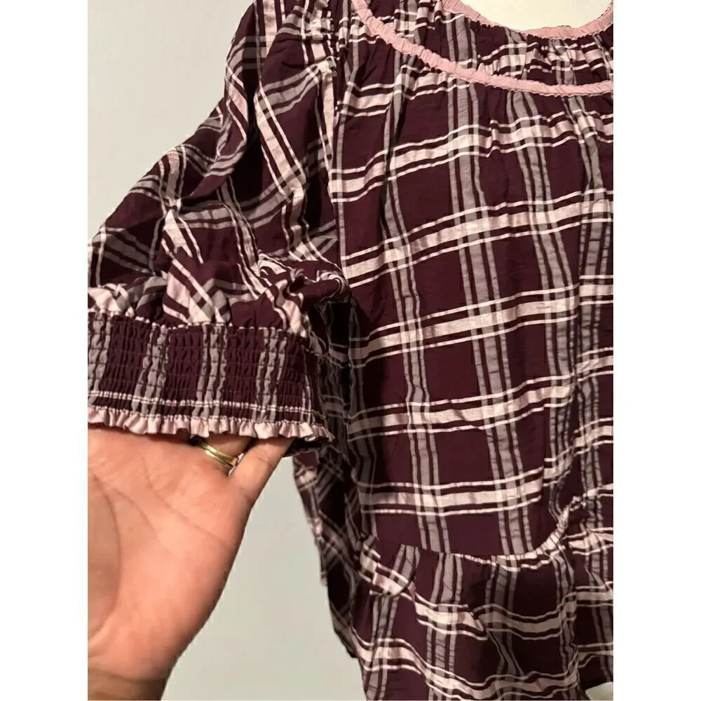 Find Me Now Anthropologie kady plaid puff sleeve blouse M